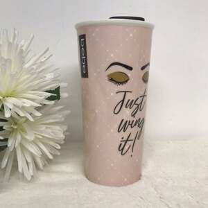 BeBe Coffee Mug Porcelain Tumbler Just Wing It Cup Pink Girly 7" NEW
